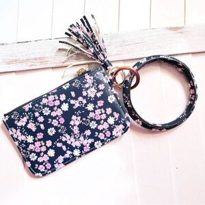 Floral Wristlet Card Holder Keyring - Navy with Pink & White Flowers